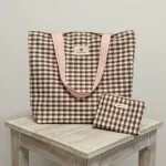 Totebag y Neceser a Juego - Vichy marrón con asas rosas